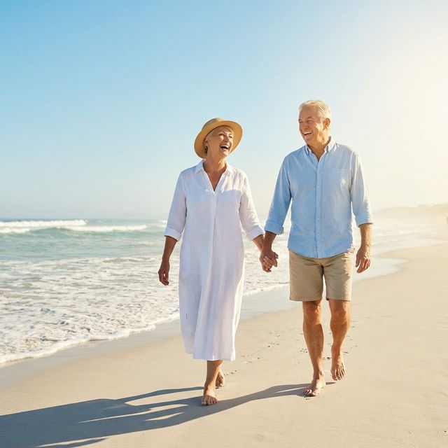 Seniors walking on a sunny beach