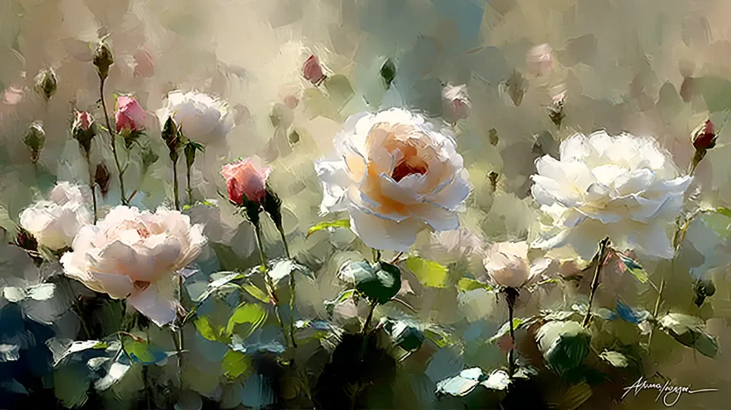 A serene digital painting of  blooming flowers, designed for mental well-being and stress relief.